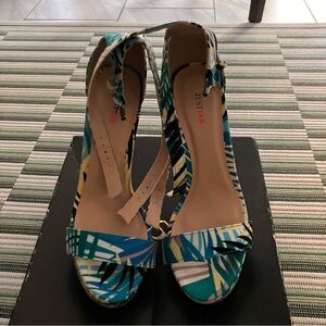 JustFab Teal Multi Palm-Print Ankle Strap Heels